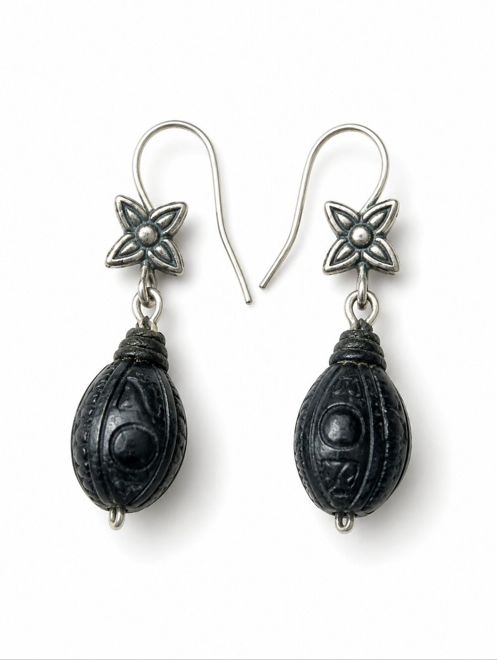 Vintage Floral Black Bead Dangle Earrings Silver Tone Boho Statement Jewelry